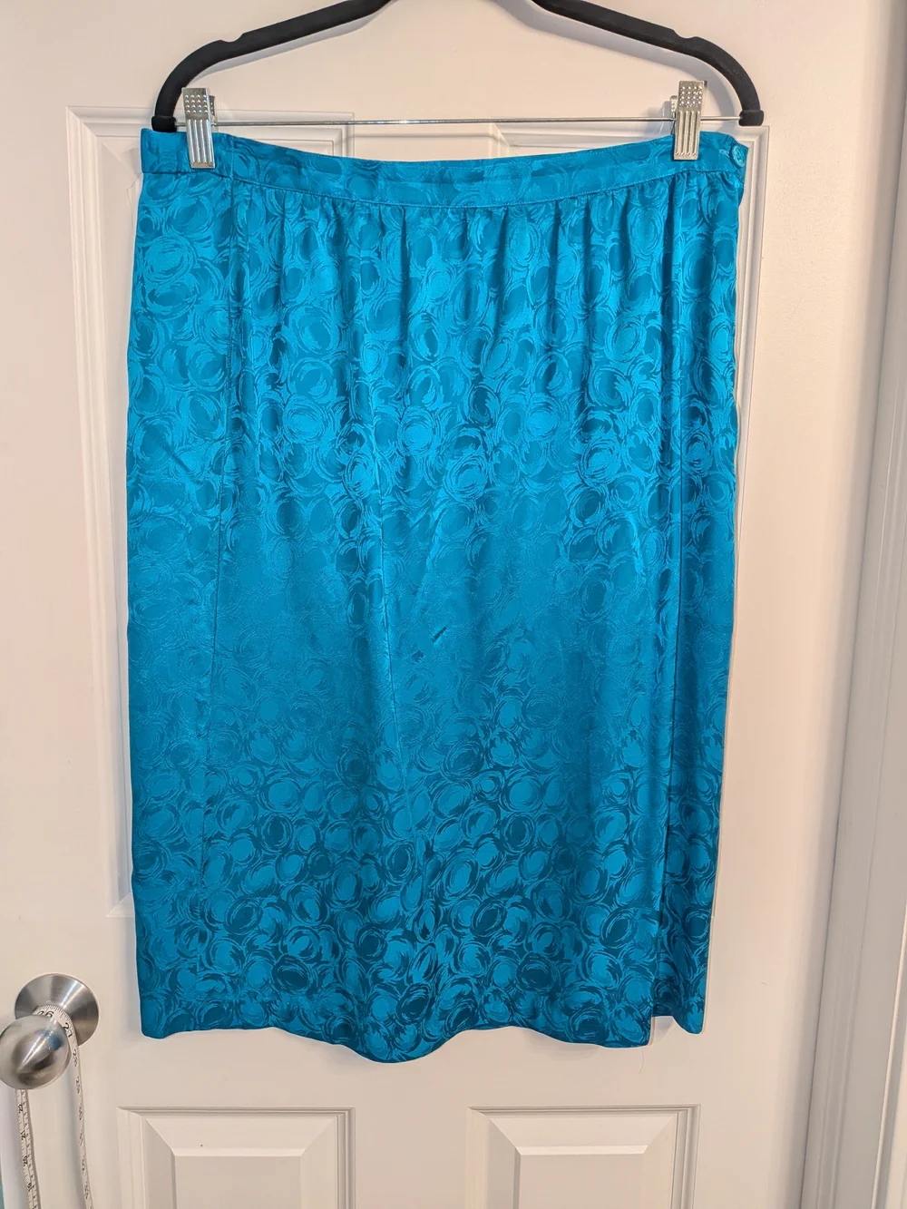Vintage Turquoise Blue Floral Jacquard Silk Midi Skirt